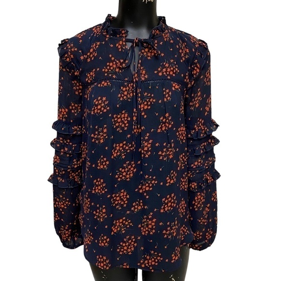 Ann Taylor Tops - Ann Taylor Red Floral Chiffon Ruffle Tunic Top  Size XS